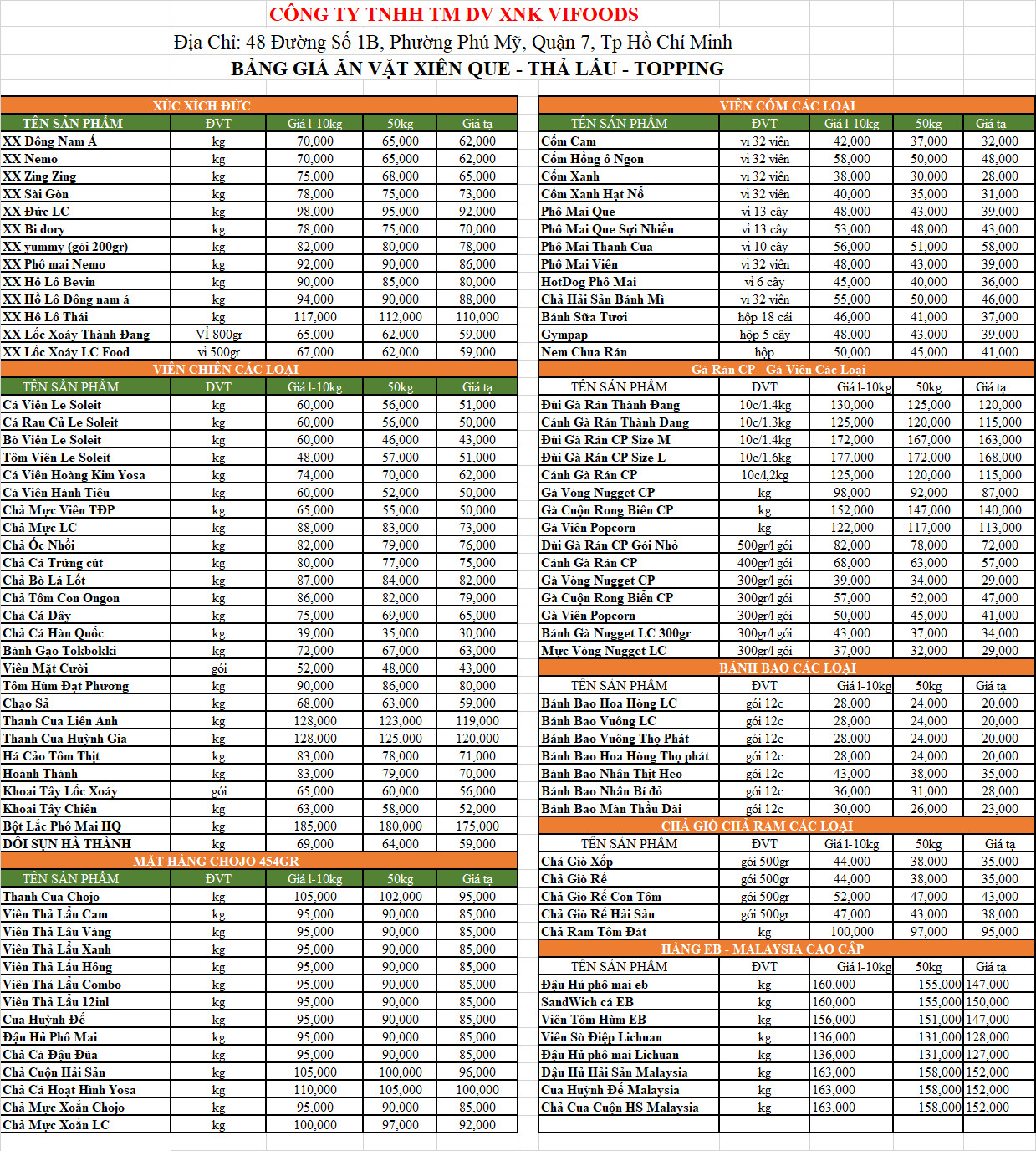 BẢNG GIÁ ĐỒ ĂN VẶT